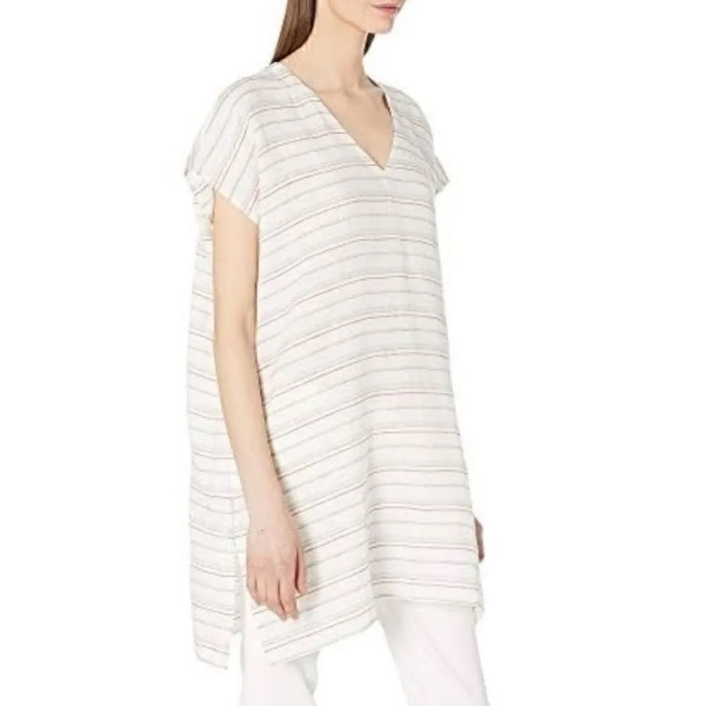 Eileen Fisher Top Womens size S/M Linen Striped V Neck Sleeveless Tunic cover up